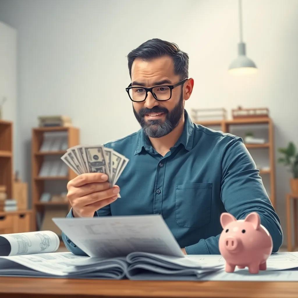 A father counting money with a determined look on his face, surrounded by building blueprints and a small piggy bank, bright workspace, focused lighting, inspirational mood, illustration, cheerful, engaging style, high quality