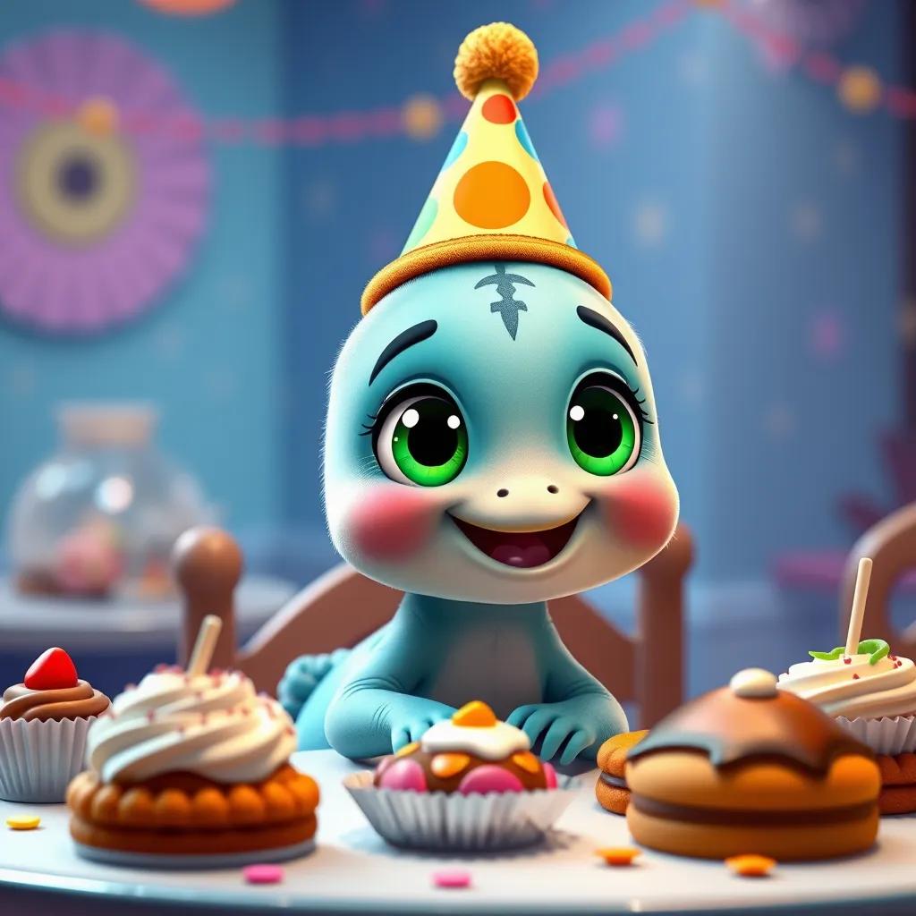 A cheerful little digit, Karefa, with big sparkling eyes, wearing a colorful party hat, sitting at a table filled with delicious treats, bright colors, vibrant atmosphere, digital art, high quality