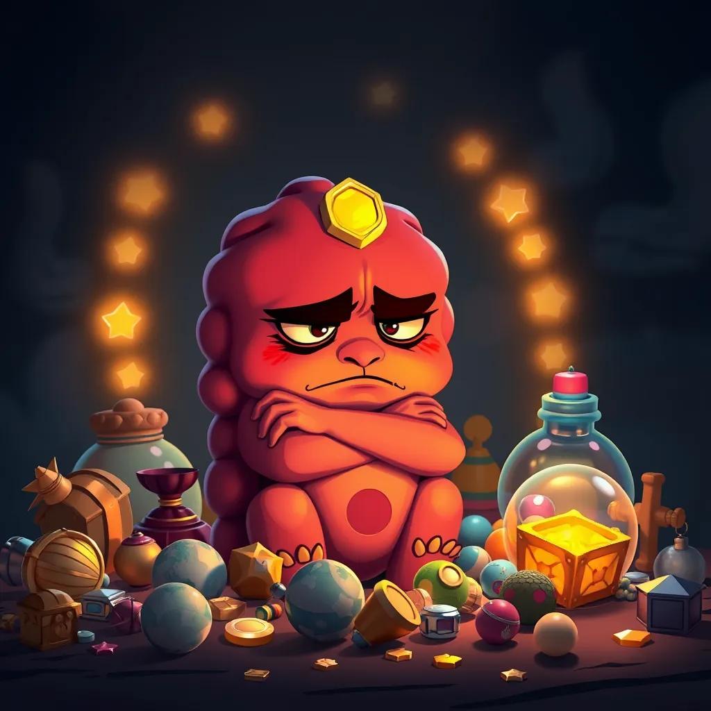 A greedy little digit, Bakheel, frowning and crossing his arms, surrounded by shiny treasures and toys, looking isolated, dim colors, unhappy atmosphere, illustration, high quality