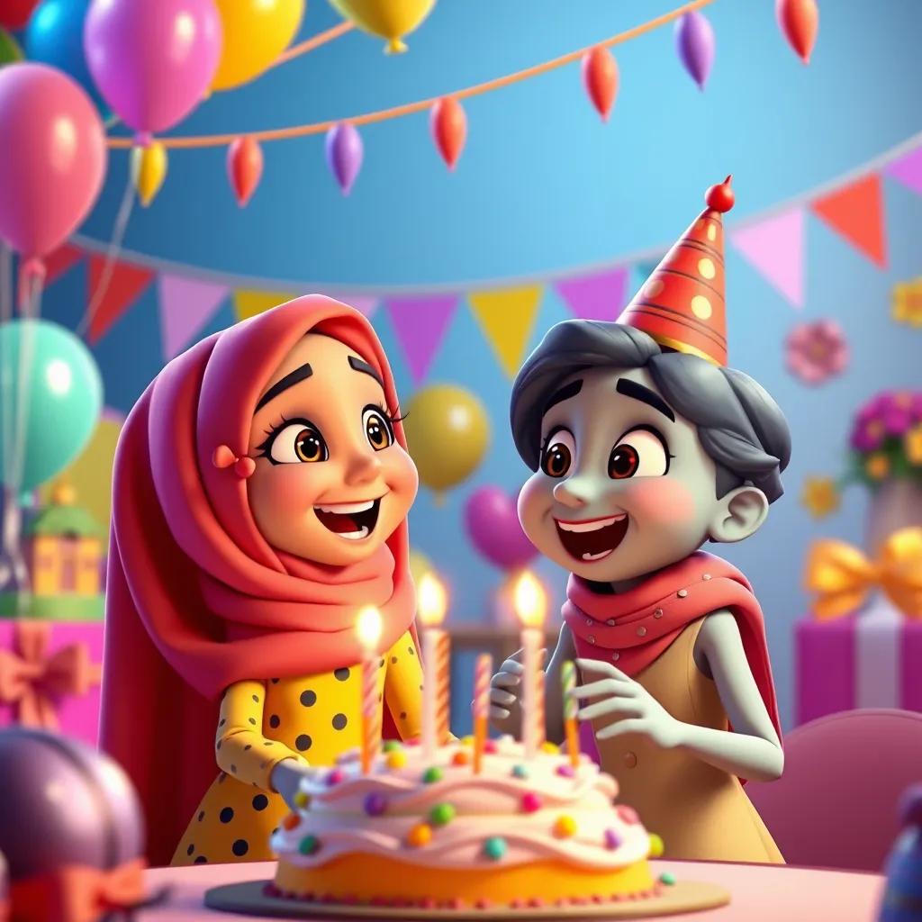 Karefa excitedly inviting Bakheel to her birthday party, colorful balloons and decorations in the background, smiling digits celebrating, cheerful environment, bright colors, joyful moment, digital art, high quality
