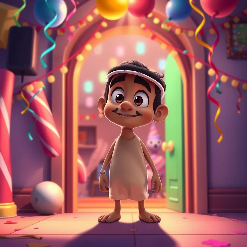 Bakheel hesitating at the entrance of the party, colorful streamers and happy digits inside, a glimmer of curiosity on his face, vibrant colors, warm lighting, illustration, high quality