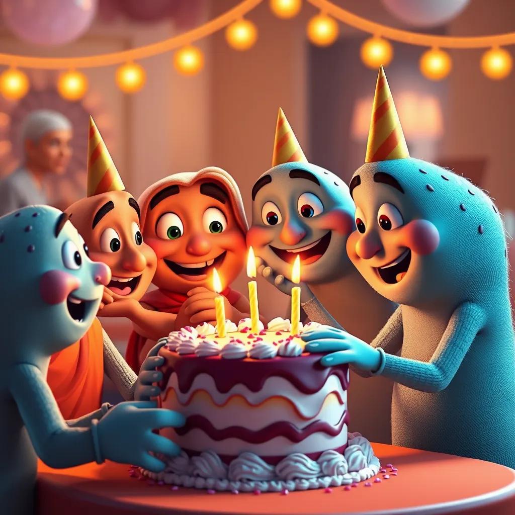 Bakheel sharing a slice of cake with other digits, everyone smiling and celebrating together, bright and festive atmosphere, warm colors, heartwarming scene, digital art, high quality