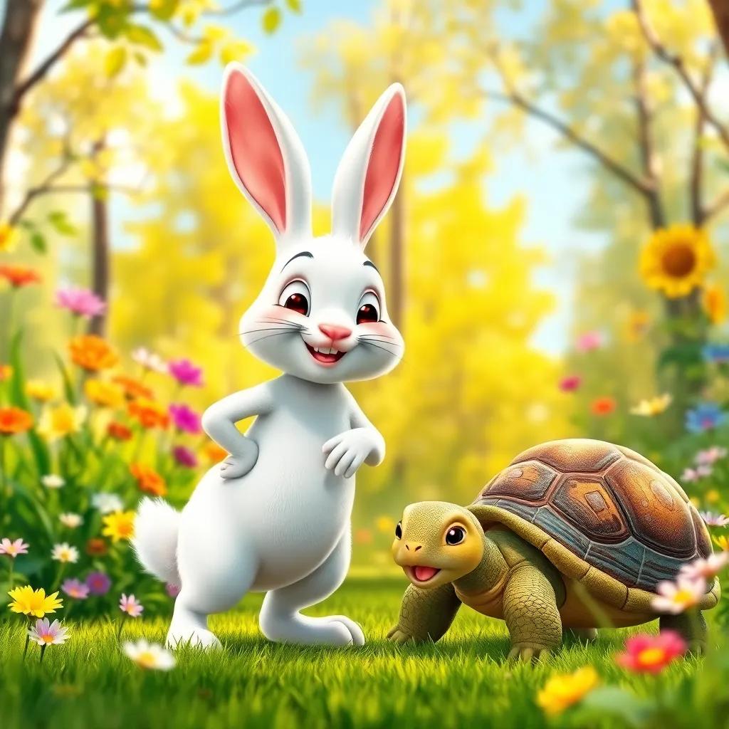 A white rabbit, fast and agile, standing proudly in a sunny forest, surrounded by colorful flowers, smiling confidently at a turtle, cheerful and playful atmosphere, digital art, bright and vibrant colors, high quality