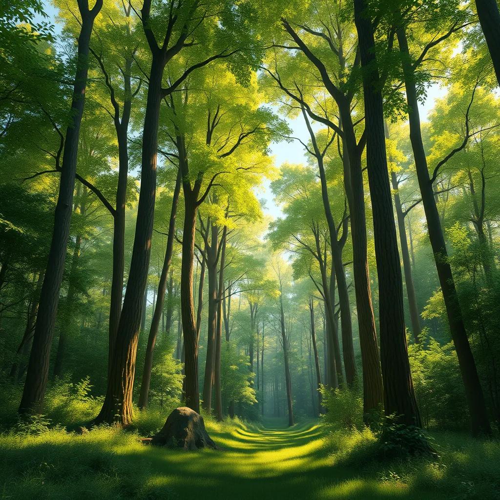 A beautiful sunny forest with tall trees, full of greenery, digital art, vibrant colors, inviting atmosphere, high quality