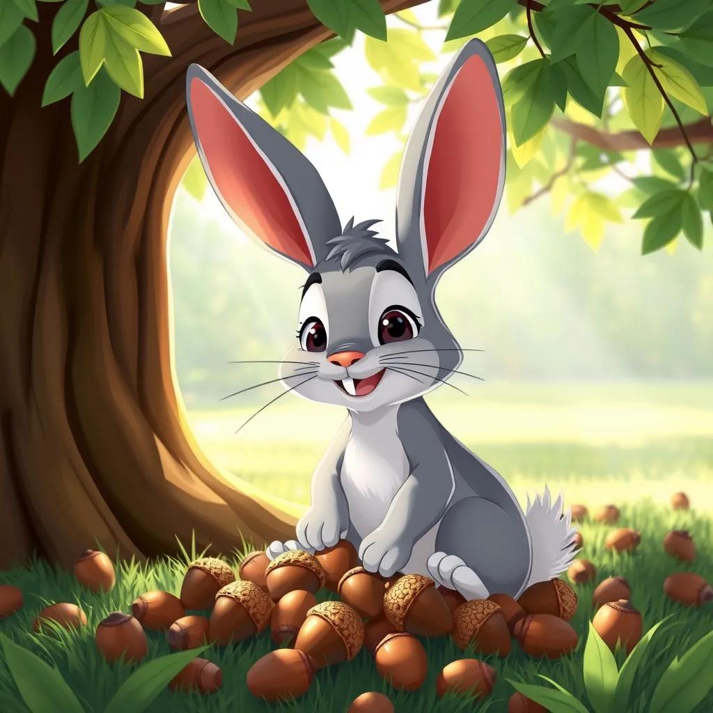 Zaid the rabbit, a gray rabbit with big ears, happily discovering a treasure of acorns under a large tree, bright sunlight filtering through the leaves, cheerful and colorful, detailed illustration