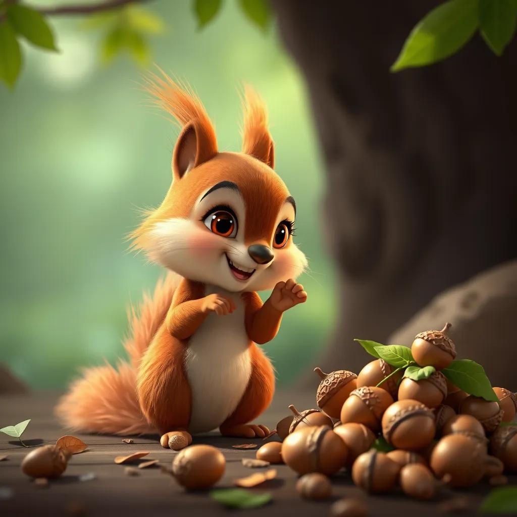 Lina the squirrel, a small brown squirrel with a bushy tail, excitedly looking at Zaid, who is showing her the stash of acorns, a playful atmosphere, rich colors, child-friendly