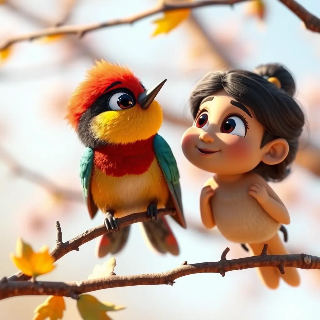 A small colorful bird, perched on a low branch, looking curiously at Zaid and Lina as they plan to share the acorns, bright and lively colors, inviting scene, warm light