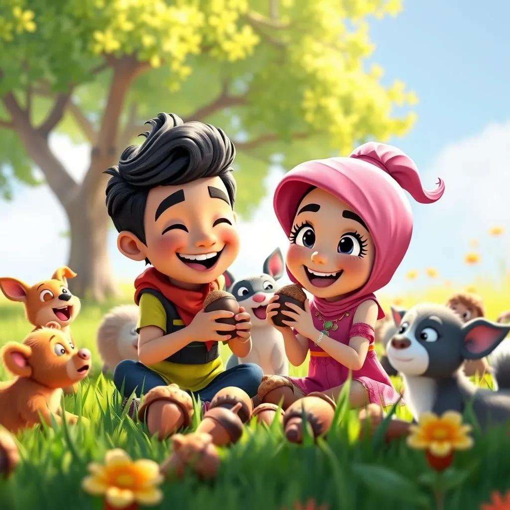 A joyful scene of Zaid, Lina, and their friends happily sharing acorns in a sunny meadow, everyone smiling and enjoying the moment together, vibrant colors, uplifting imagery