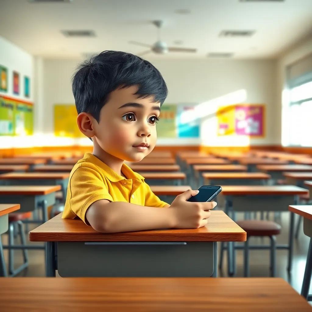 A wide classroom with desks arranged neatly, a young boy named Ahmed with short black hair, wearing a yellow shirt, sitting at a desk using a phone with a thoughtful expression, colorful educational posters on the wall, bright daylight streaming in, digital art, child-friendly, vibrant colors, inviting atmosphere
