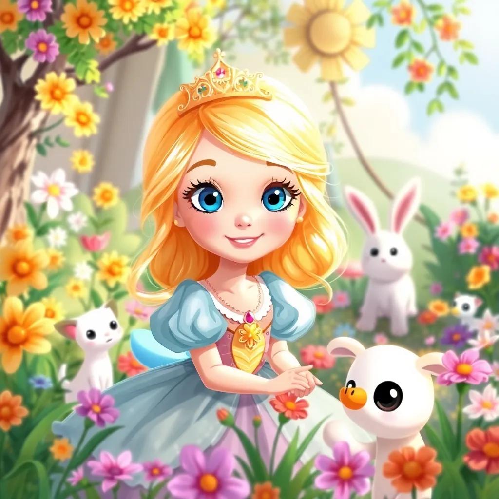 A beautiful princess named Joja with blue eyes and sunny blonde hair, playing in a colorful garden filled with flowers and playful animals, digital art, vibrant colors, cheerful atmosphere, high quality