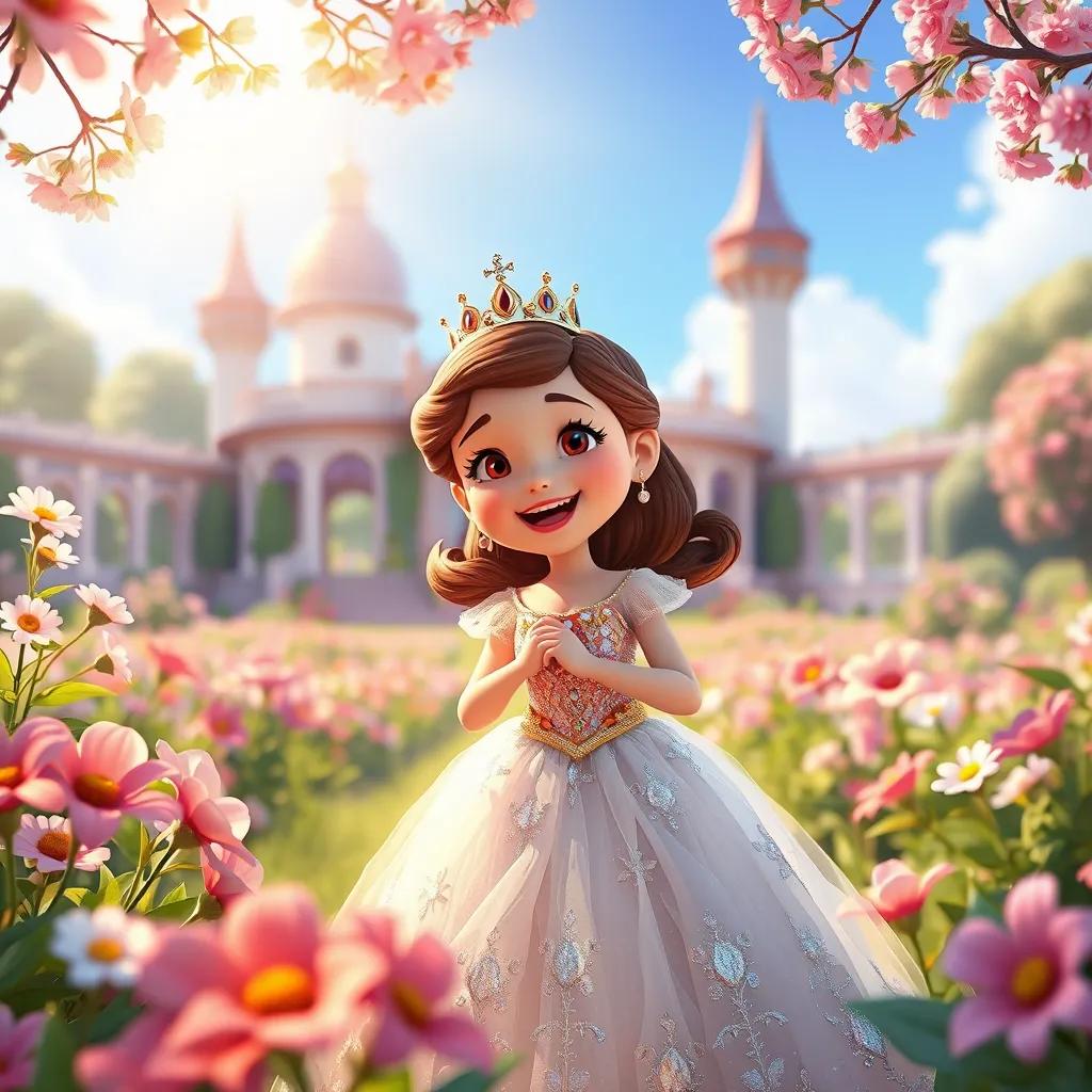 A kind princess in a beautiful palace garden, wearing a sparkling dress and a crown, playing joyfully under the sun with flowers around, digital art, vibrant colors, cheerful atmosphere, high quality