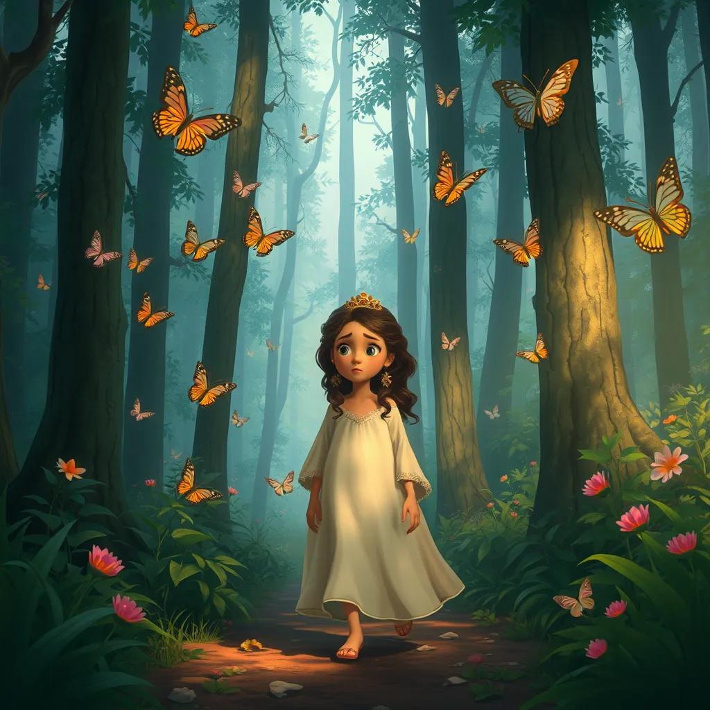 A lost princess walking through a dense forest with tall trees and colorful butterflies flying around her, looking a bit worried, illustration, enchanting and magical, warm light, high quality