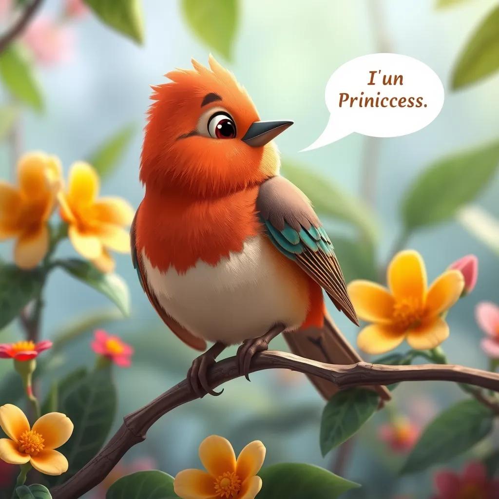 A small bird perched on a branch talking to the princess, with bright feathers and a friendly expression, surrounded by colorful flowers and deep green leaves, illustration, cheerful and lively, high quality
