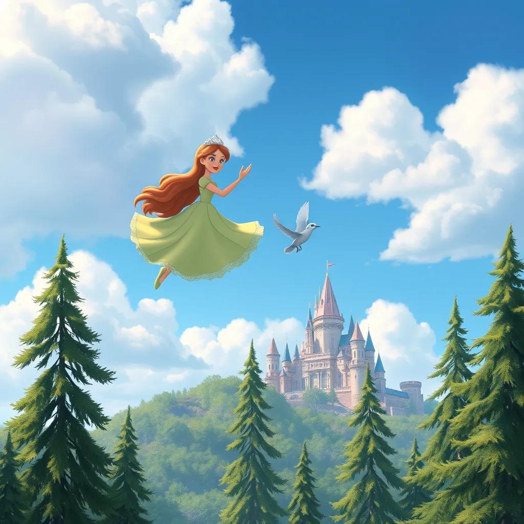 A princess flying with a small bird over tall trees, the palace visible in the distance, with a beautiful blue sky and fluffy clouds, digital painting, uplifting and joyful, high quality