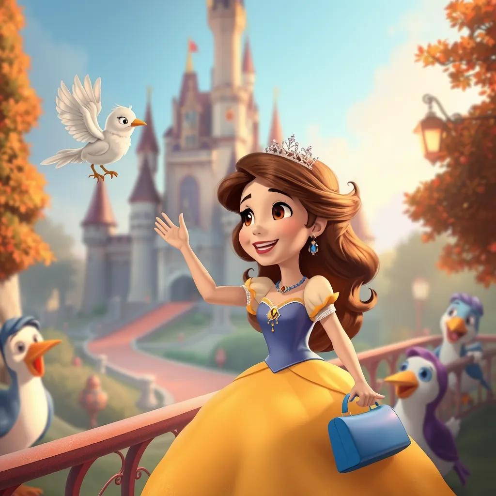 A princess joyfully returning to the palace, waving to her bird friend, with her castle in the background and cheerful friends waiting for her, warm colors, heartwarming view, high quality