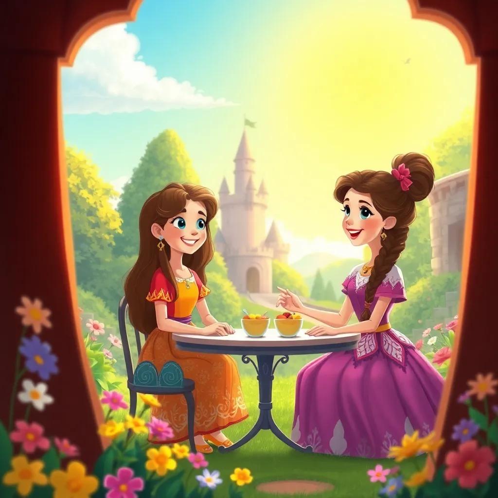 A beautiful garden in a castle, with two young princesses, Elya and Raya, sitting at a table having lunch. Elya, a brave girl with long hair wearing a colorful dress, and Raya, a strong girl with braided hair wearing a beautiful gown, are laughing. The sun shines bright, flowers bloom all around, digital art, cheerful, vibrant colors, warm atmosphere, heartwarming view
