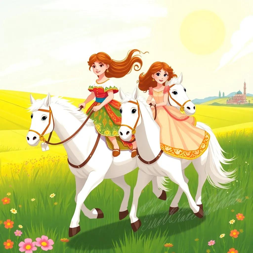 Two young princesses, Elya and Raya, riding on two strong and fast white horses, galloping through green fields under a sunny sky. Elya, wearing a colorful dress, looks confident, while Raya wears a beautiful gown and smiles happily. The scenery is lively with flowers and a distant village, digital art, joyful, adventure-themed, child-friendly