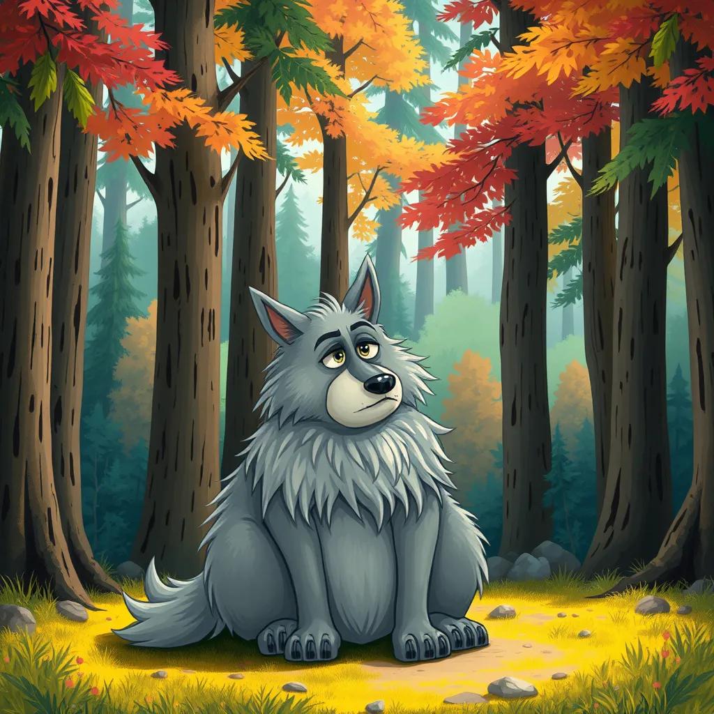 A greedy wolf, plump and sly with shaggy gray fur, sitting in a forest clearing looking sad, surrounded by tall trees and vibrant foliage, illustration, whimsical style, sunny and colorful, inviting perspective, cheerful