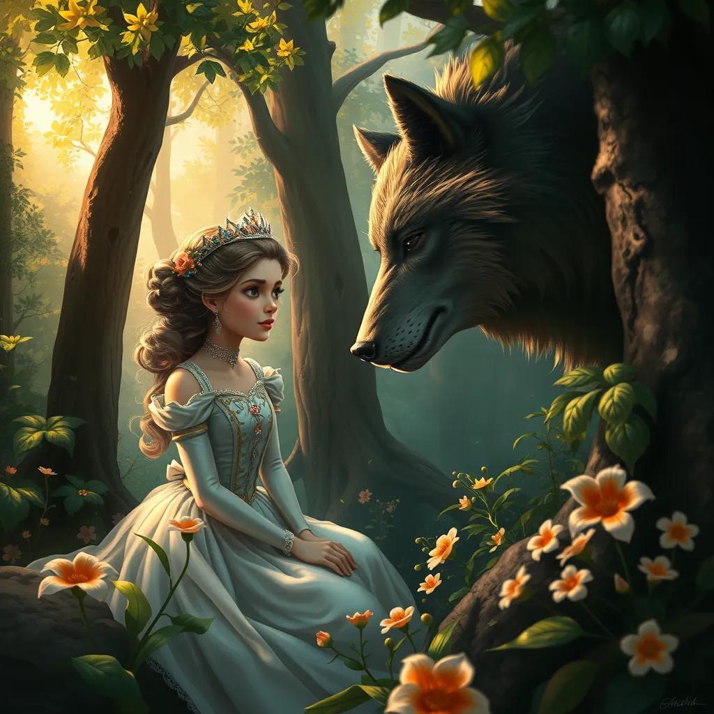 Layla, the princess, thinking while looking at the greedy wolf, with trees and flowers around them in the lush forest, warm light filtering through the leaves, detailed digital art, soft colors, heartwarming atmosphere