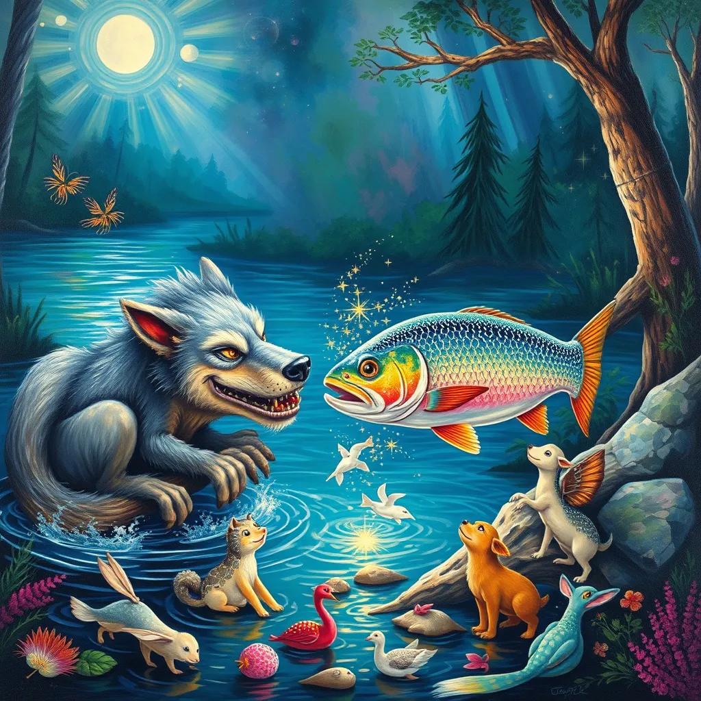 Layla and the greedy wolf by a river with a shimmering big fish, using her magic to bring it closer, surrounded by sparkling water and happy animals, colorful, vibrant and joyful atmosphere, high quality