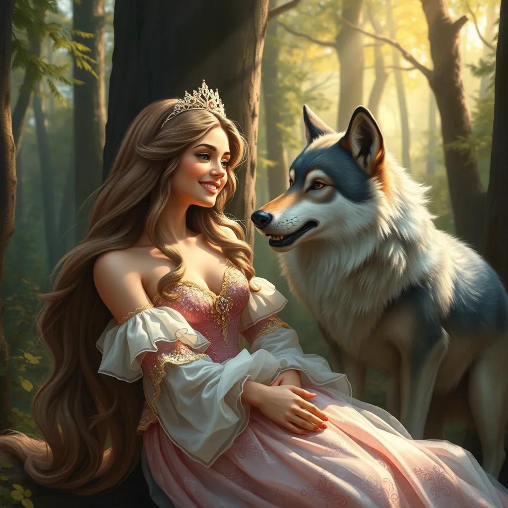 Layla, beautiful princess, with long hair and shimmering gown, and the wolf becoming friends in the forest, smiling and happy, playful scene, soft sunlight filtering, vibrant colors, heartwarming image