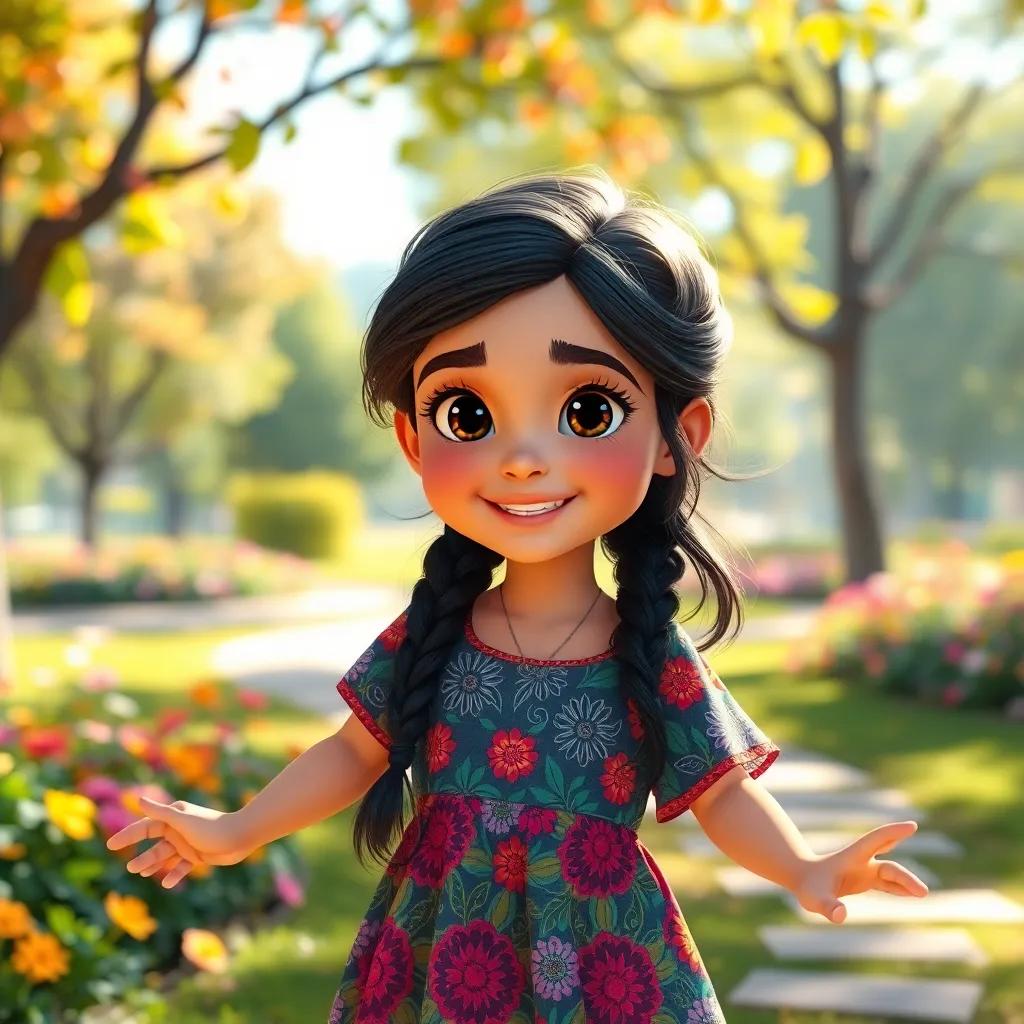A young Arab girl, Leila, with bright eyes and dark hair, wearing a colorful dress, playing in a sunny park with flowers and trees, joyful atmosphere, digital art, vibrant colors, cheerful lighting, high quality