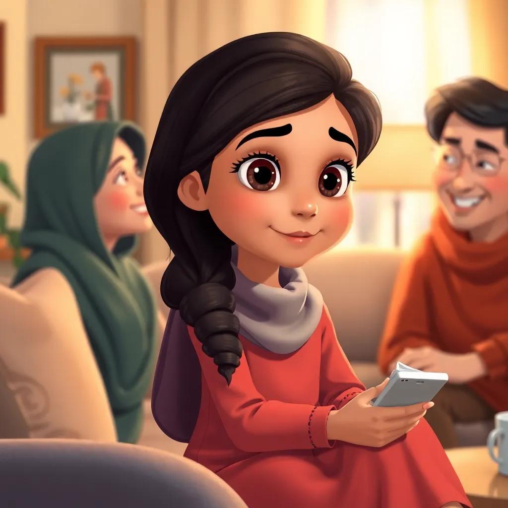 Leila, a young Arab girl, with bright eyes and dark hair, sitting with her parents in a cozy living room, discussing moving to a new city with smiles and warmth, illustration, inviting atmosphere, soft colors, animated style