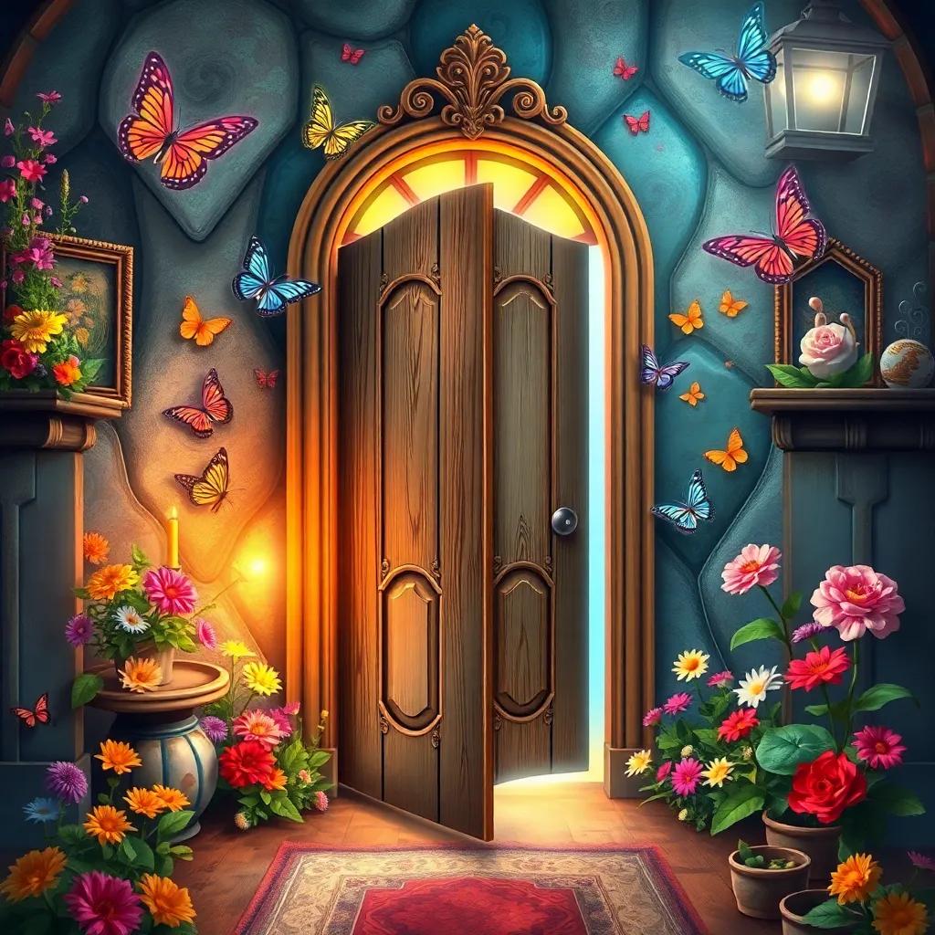 A magical old door, surrounded by colorful butterflies and bright flowers, stand out in a cozy, whimsical room. The door is slightly open, revealing a glowing light behind it, digital art, vibrant colors, enchanting atmosphere, high quality