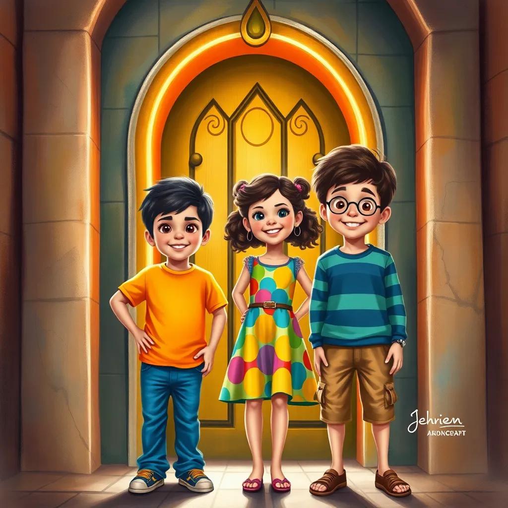 Three friends, Hosam, Rena, and Youssef, standing in front of the magical door with excitement on their faces. Hosam, a little Arab boy with short black hair wearing a bright t-shirt and jeans, Rena, a young girl with curly hair wearing a colorful dress, and Youssef, a boy with glasses and a striped shirt showing a look of curiosity, cheerful expressions, adventure theme, child-friendly.