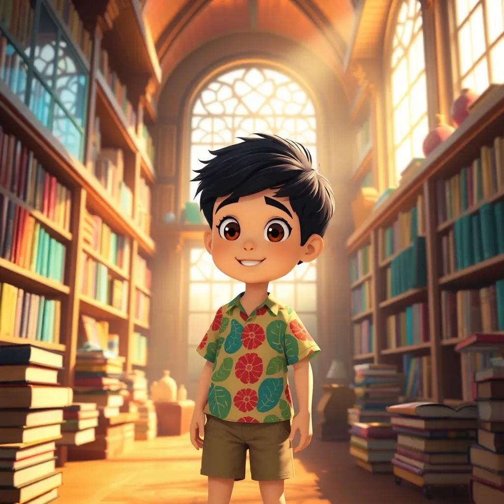 A young Arab boy, Ali, with short black hair wearing a colorful shirt and shorts, exploring his grandfather's big library filled with books and treasures, bright sunlight streaming through the windows, cheerful, inviting atmosphere, high quality
