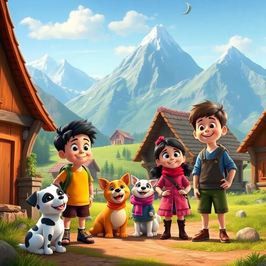 A group of children in a small village with mountains in the background, excitedly preparing for an adventure with their pets, vibrant colors, cheerful atmosphere, digital art, warm lighting
