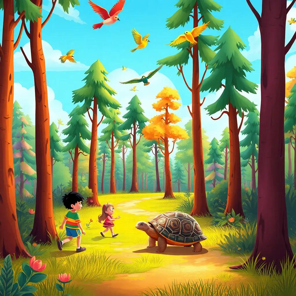 Children walking through a colorful forest with tall trees and colorful birds in the sky, a turtle leisurely crossing their path, bright colors, whimsical, engaging scene, detailed illustration