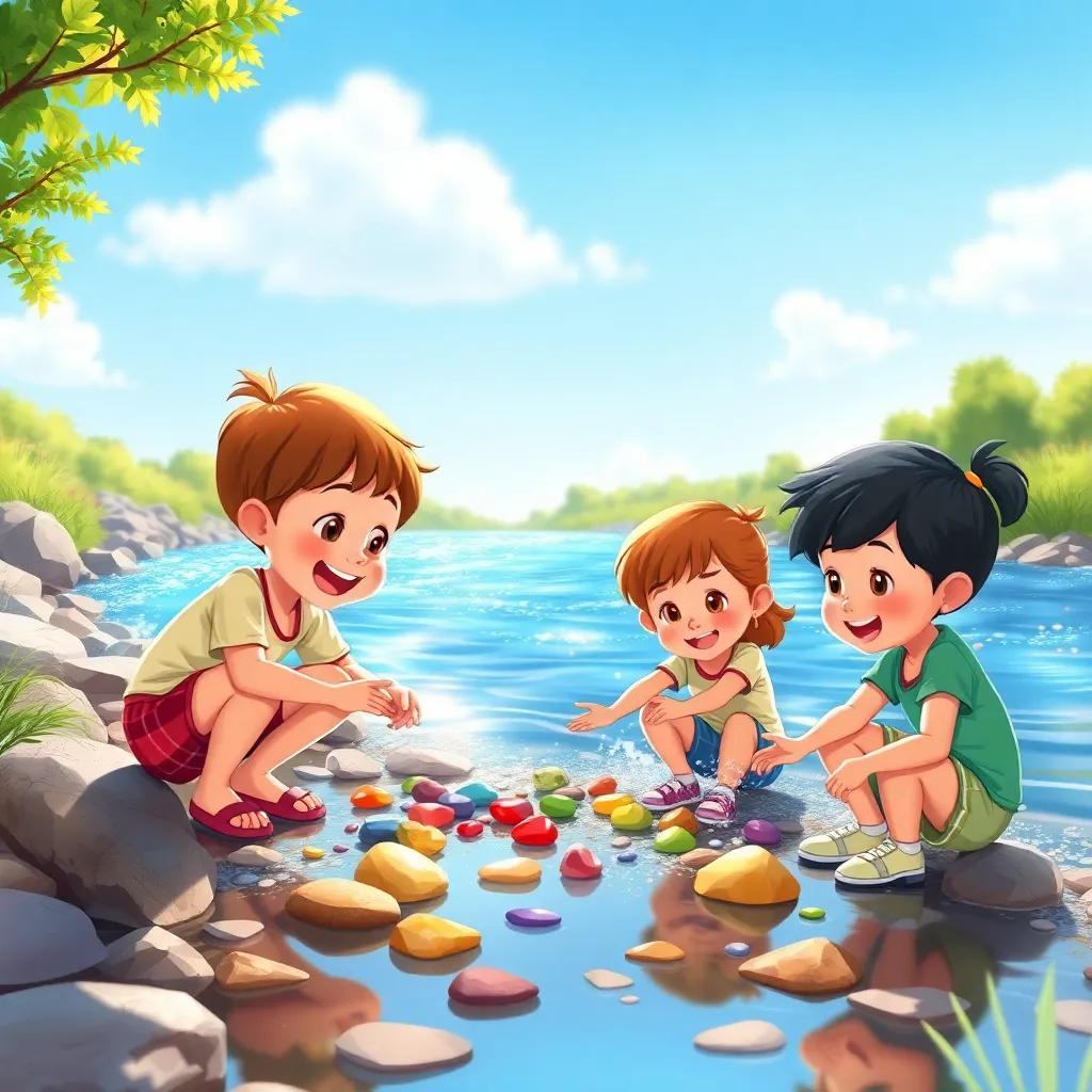 Children playing by a beautiful river with sparkling water, collecting colorful stones, sunny day with clear blue sky, lively and joyful, colorful digital painting