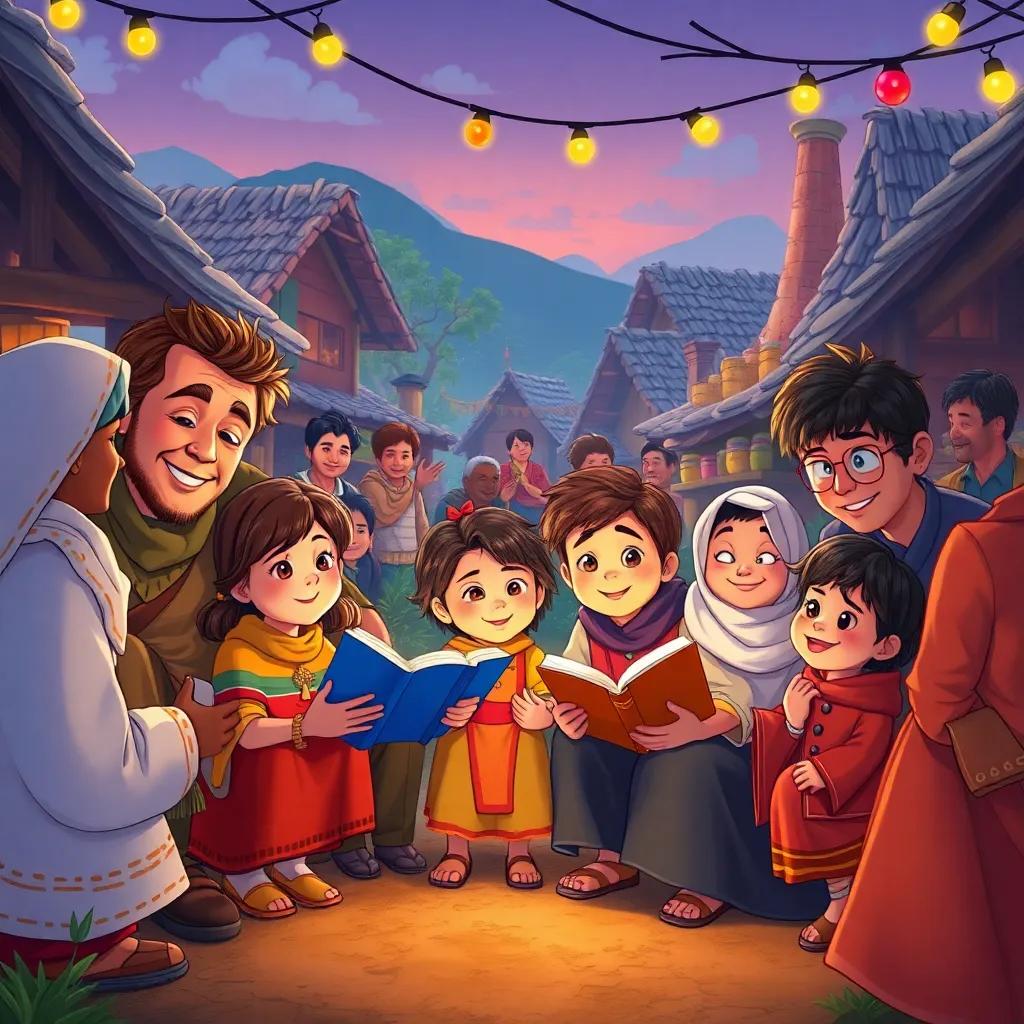 Children sharing stories with their families in the village, surrounded by happy faces, celebration of traditions, warm colors and a festive atmosphere, heartwarming scene