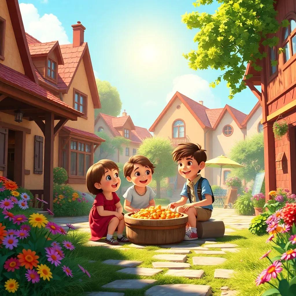 A sunny village square with happy children, kids sitting together discussing treasure hunt, bright sun shining, colorful flowers around, cheerful atmosphere, digital art, vibrant colors, engaging scene, high quality