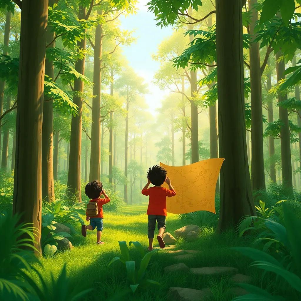 A lush green forest with tall trees, children following an ancient map with excitement, sunlight filtering through leaves, adventure spirit, detailed illustration, warm tones, playful perspective, high quality