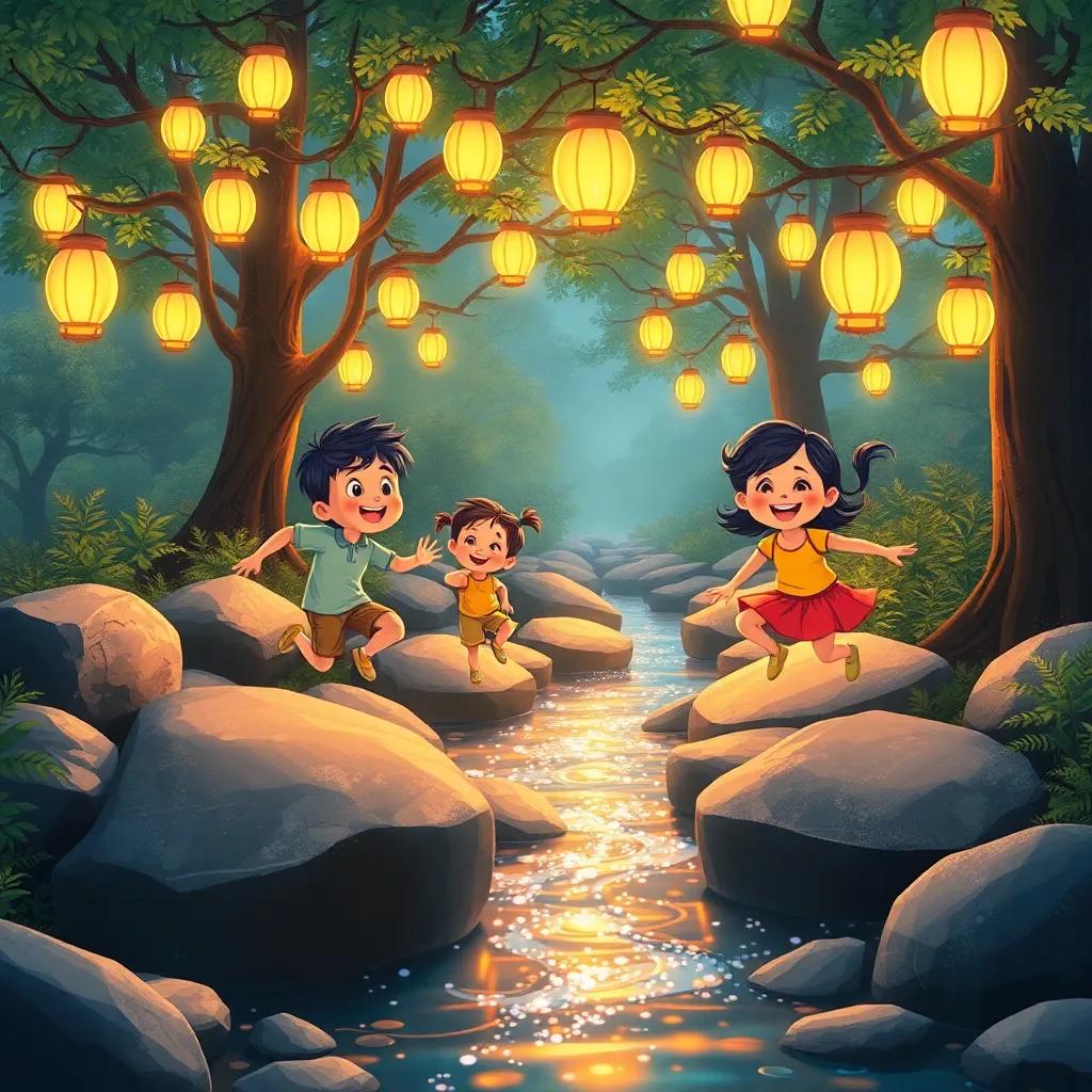 A sparkling stream with children hopping over big stones, glowing lanterns hanging from trees, laughing and talking, animated expression on their faces, whimsical setting, digital art, cheerful colors, fun perspective, high quality