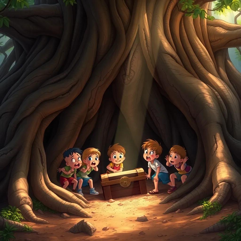 An ancient tree with deep roots and a group of excited children digging beneath it, surprised expressions, sunlight streaming down, treasure chest partially visible, capturing the moment of discovery, detailed illustration, warm colors, adventure theme, high quality