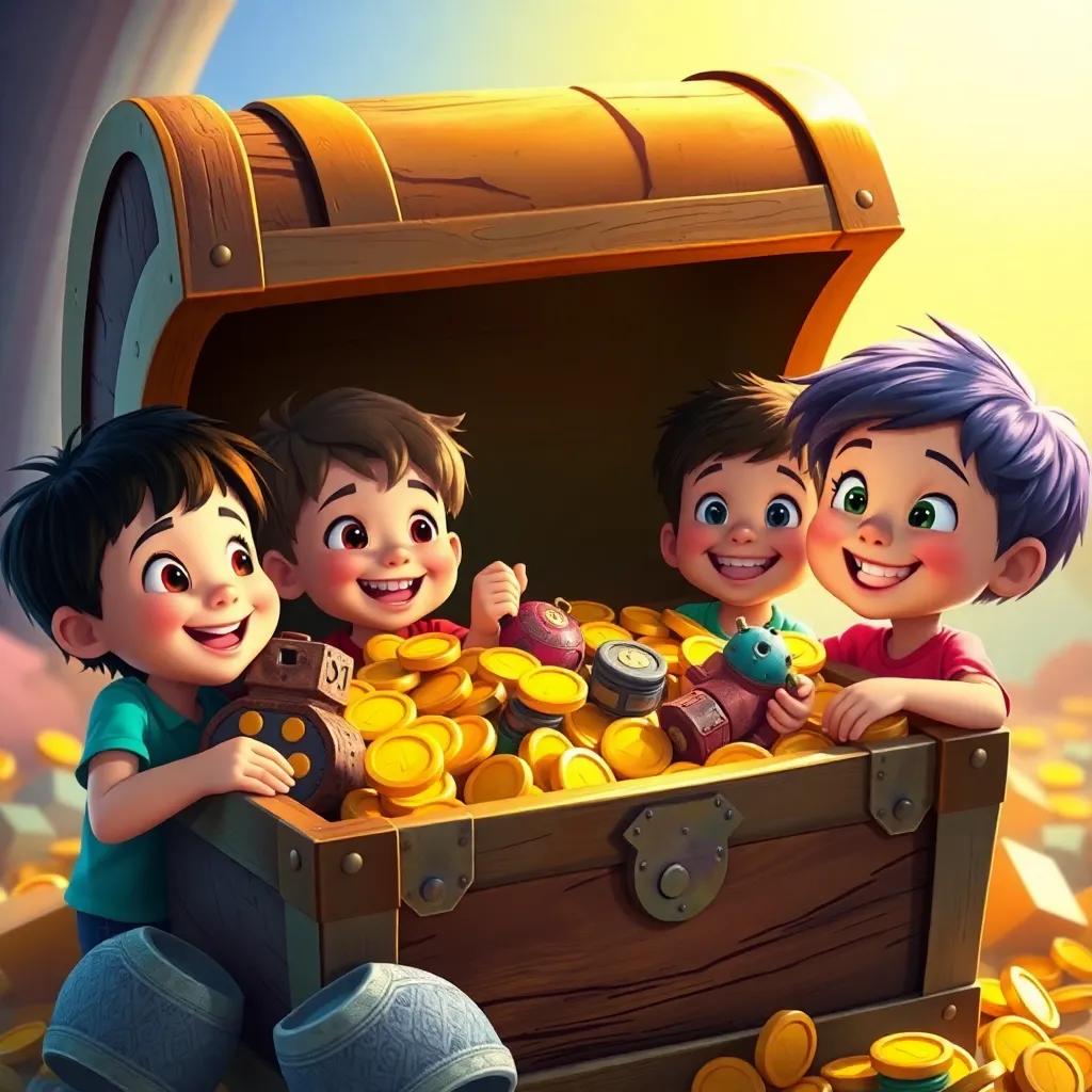 An open treasure chest filled with gold coins and old toys, children gazing in awe, big smiles on their faces, bright colorful background, sense of joy and achievement, digital painting, vibrant colors, uplifting view, high quality