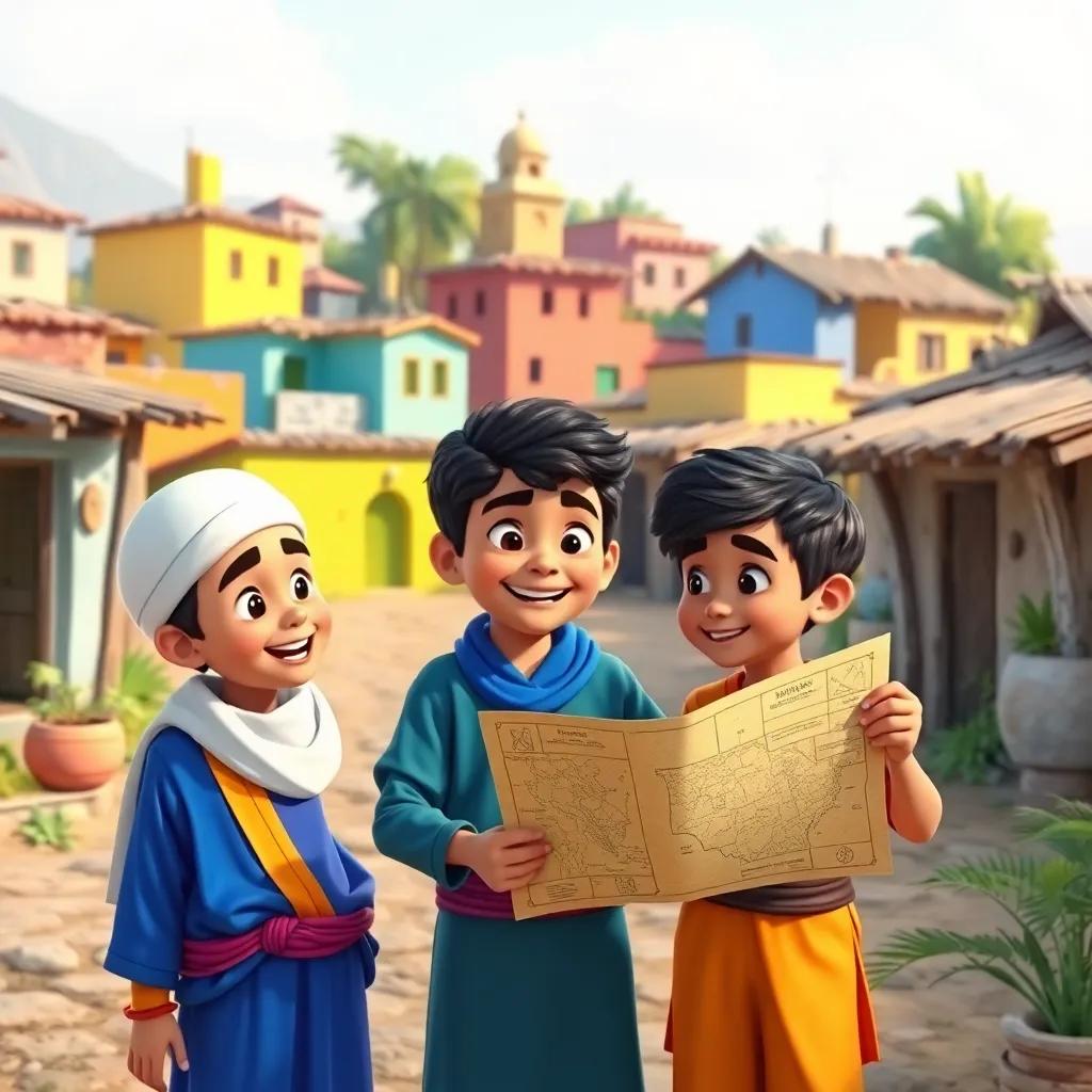A small village with kids, a boy named Mohammed and his friend Ali excitedly discussing a treasure map, colorful houses in the background, vibrant scene, cheerful atmosphere, daytime, high quality