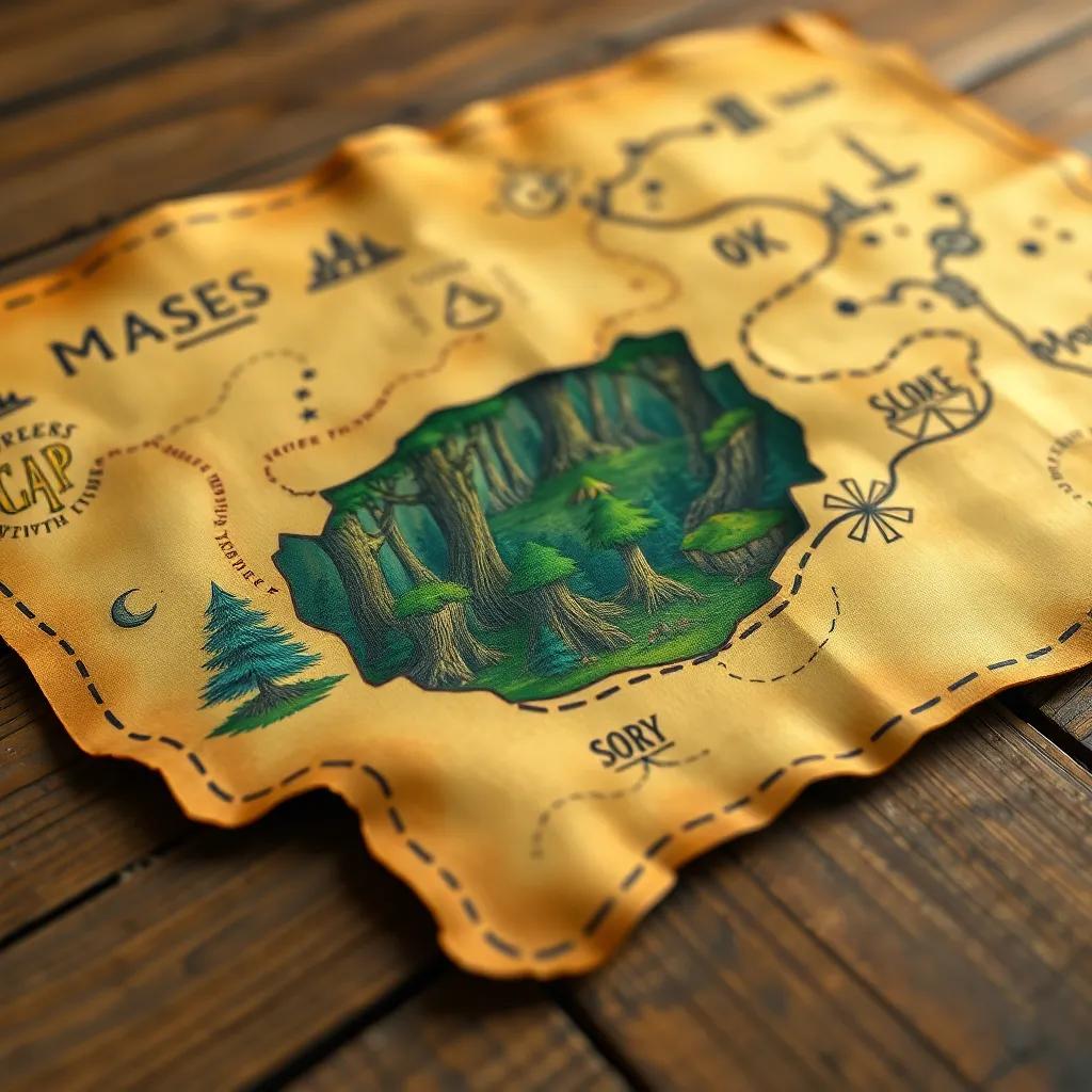 An old treasure map with colorful drawings, showing a mysterious forest, close-up of the map on a wooden table, bright colors, whimsical style, child-friendly