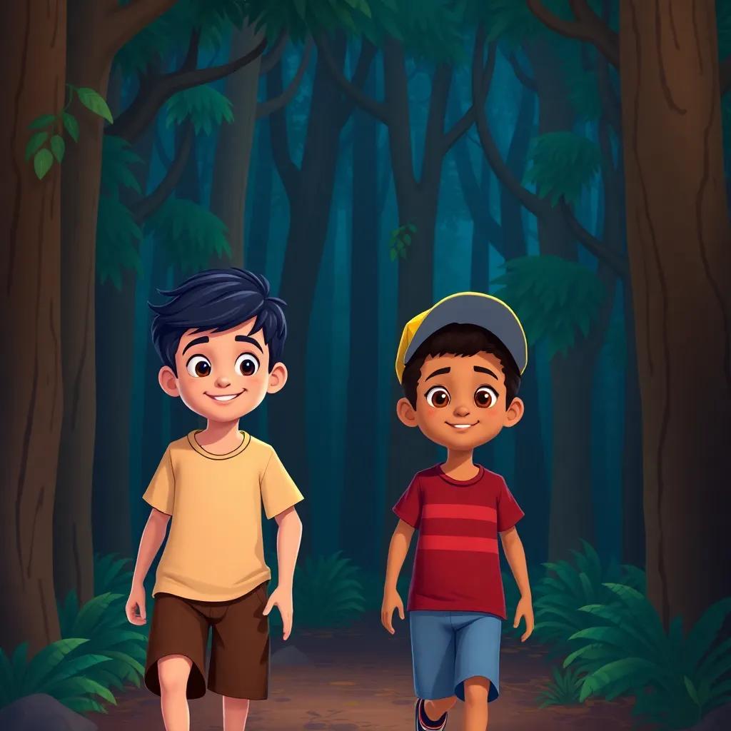 Two boys walking into a dark forest full of trees, looking friendly and curious, Mohammed with short black hair, wearing a t-shirt and shorts, Ali with curly hair, wearing a cap, digital art, colorful, engaging, adventurous