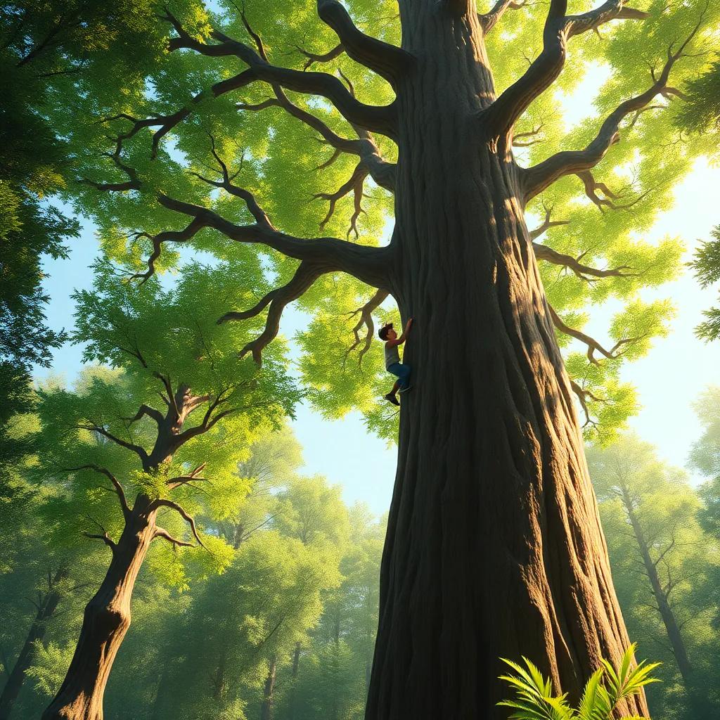 A large tree in the middle of the forest, two boys climbing the tree, bright sunlight filtering through leaves, dynamic and engaging viewpoint, colorful and lively, adventure-themed