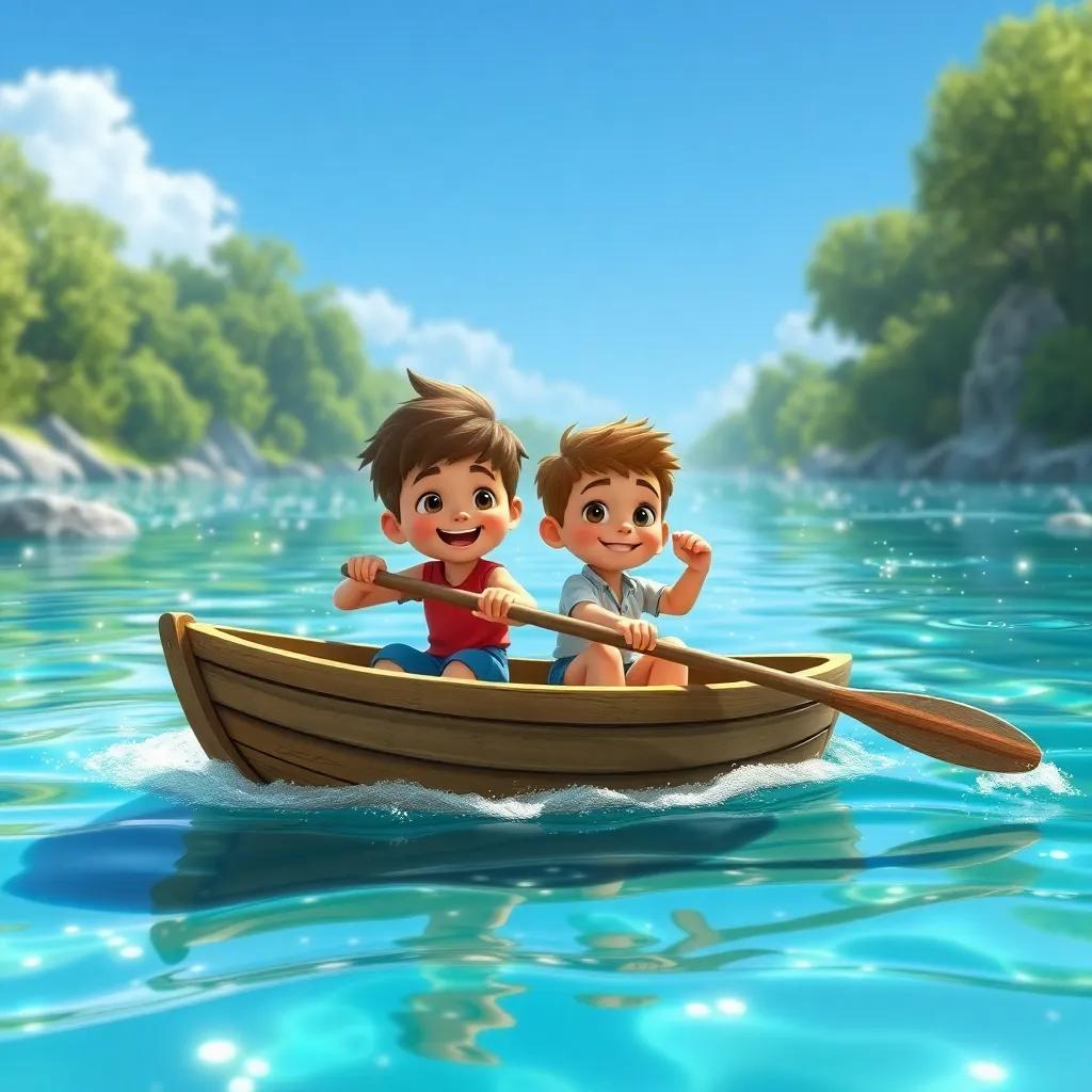 A beautiful river with sparkling water, two boys in a small old boat rowing together, cheerful expressions, clear blue sky, fantasy style, lively colors, friendly atmosphere
