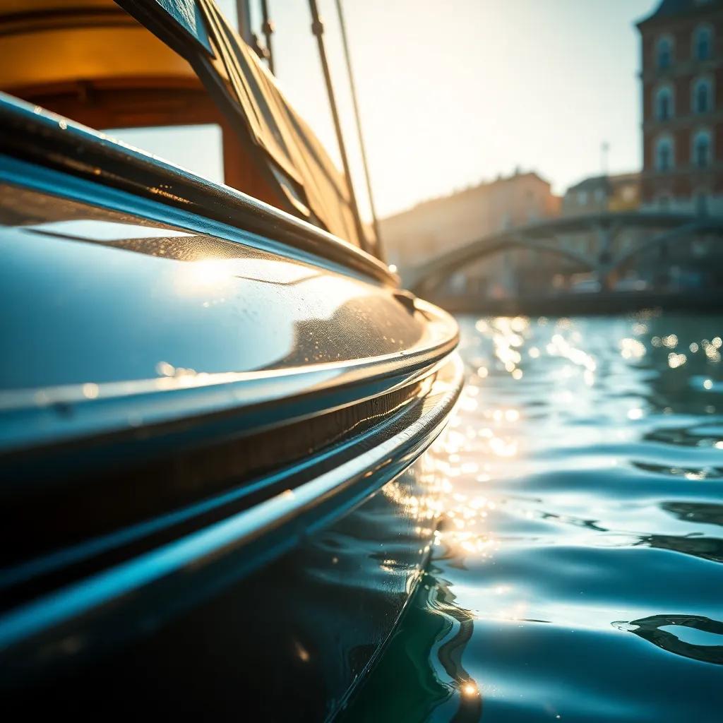 A close-up of a shiny old boat on the river, bright sunlight reflecting off the water, charming details, engaging composition