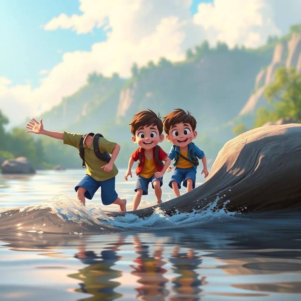 The boys crossing the river looking excited, capturing the adventure and friendship, with slight ripples in the water, joyful expressions, colorful and warm atmosphere
