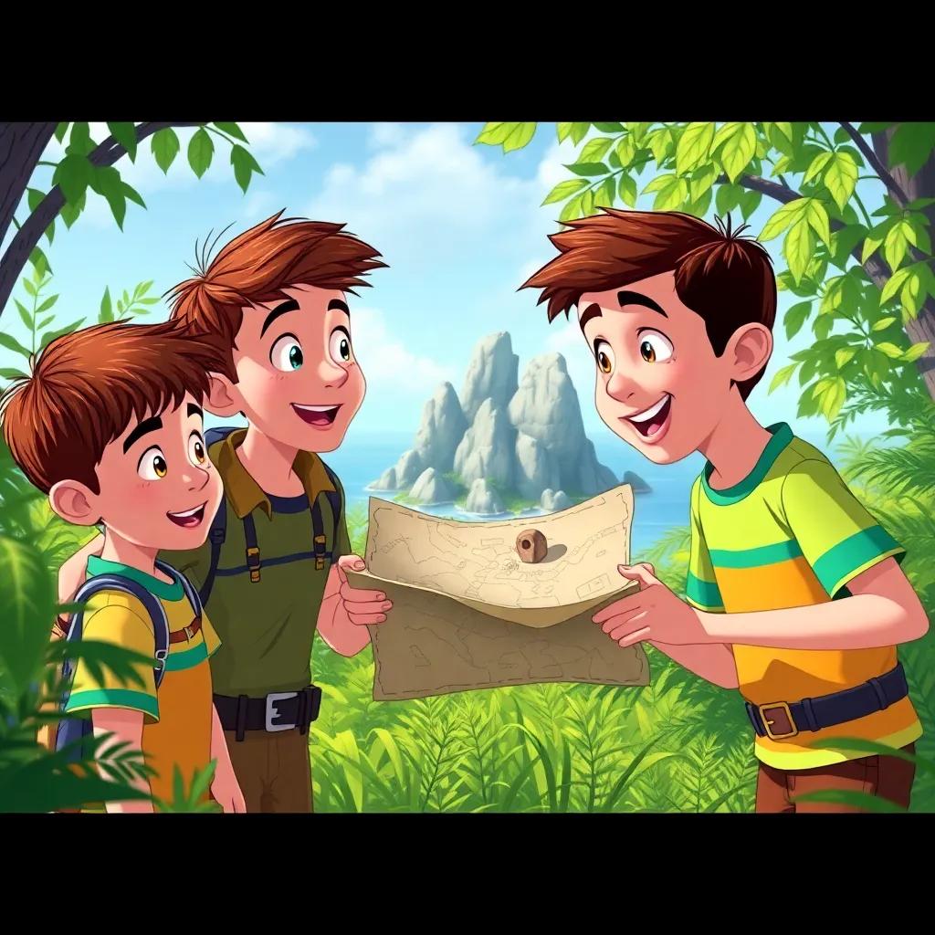 The boys spotting a landmark of rocks matching a treasure map, showing excitement on their faces, surrounded by foliage, vibrant and interactive style, daytime, bright colors