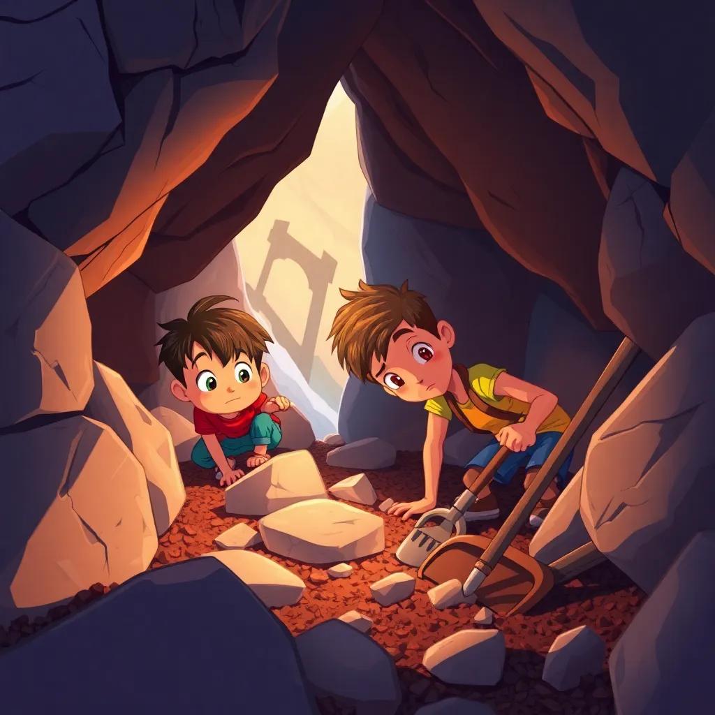 The boys digging around the rocks looking determined, with a few digging tools nearby, dramatic perspective, engaging storytelling scene, colorful illustration