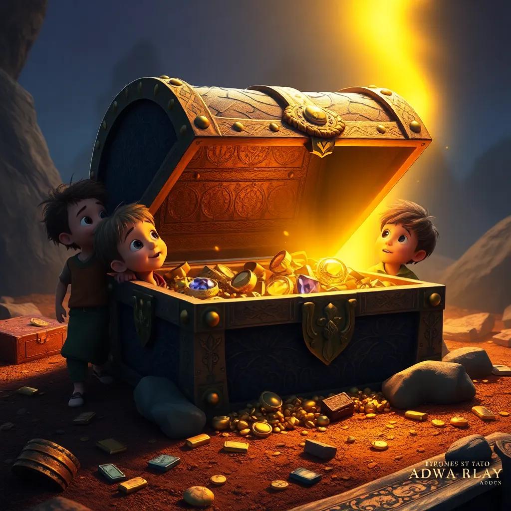 An ancient treasure chest emerging from the ground, filled with gold and jewels, two boys looking surprised, golden light shining out, adventurous and magical atmosphere, high quality