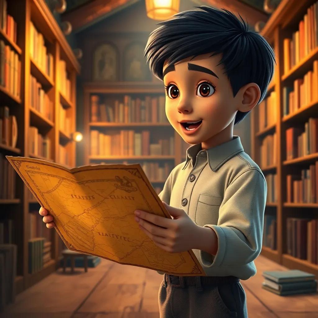 A young Arab boy, Sami, with short black hair, wearing a simple shirt and pants, excitedly looking at an old treasure map, inside a cozy library with wooden shelves filled with books, gentle light filtering in, detailed, warm atmosphere, vibrant colors, storytelling perspective, high quality